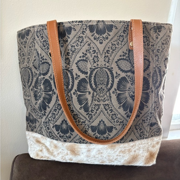 Myra Bag Handbags - Myra Bag Grey & Blue Patterned Tote with Hair-On Trim